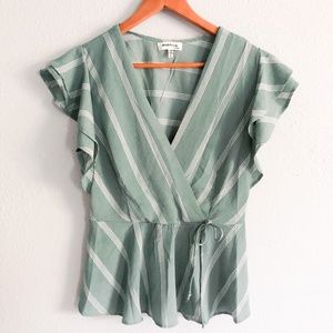 Boutique Green Striped Peplum Top w/Ruffle Sleeves
